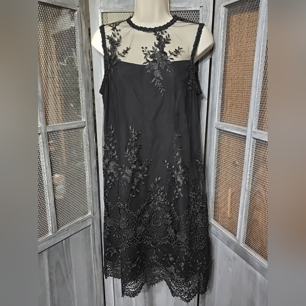 Nanette Lepore Black Floral Embroidered Lace Overlay Cocktail Dress